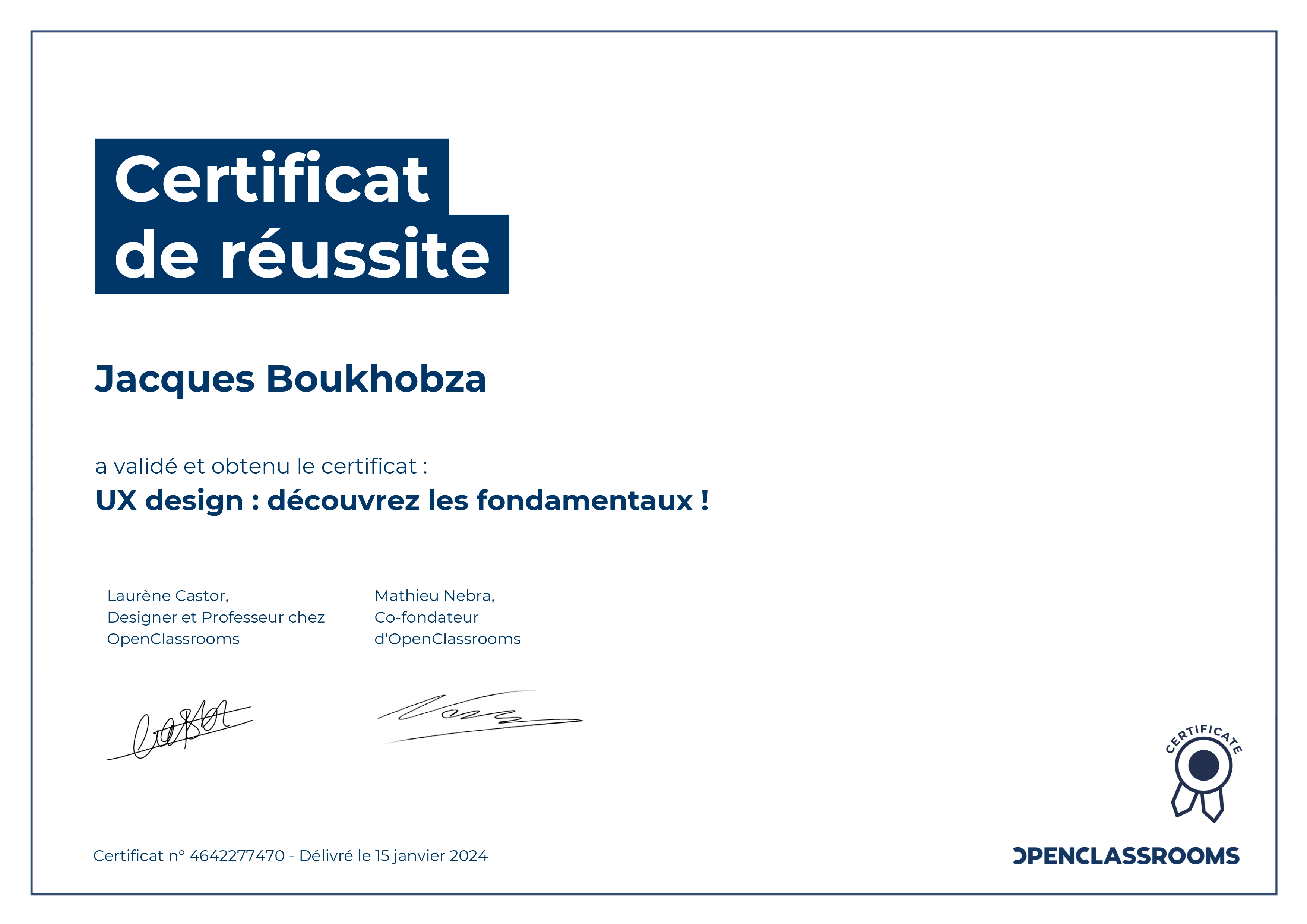 photo du certificat d'OpenClassrooms