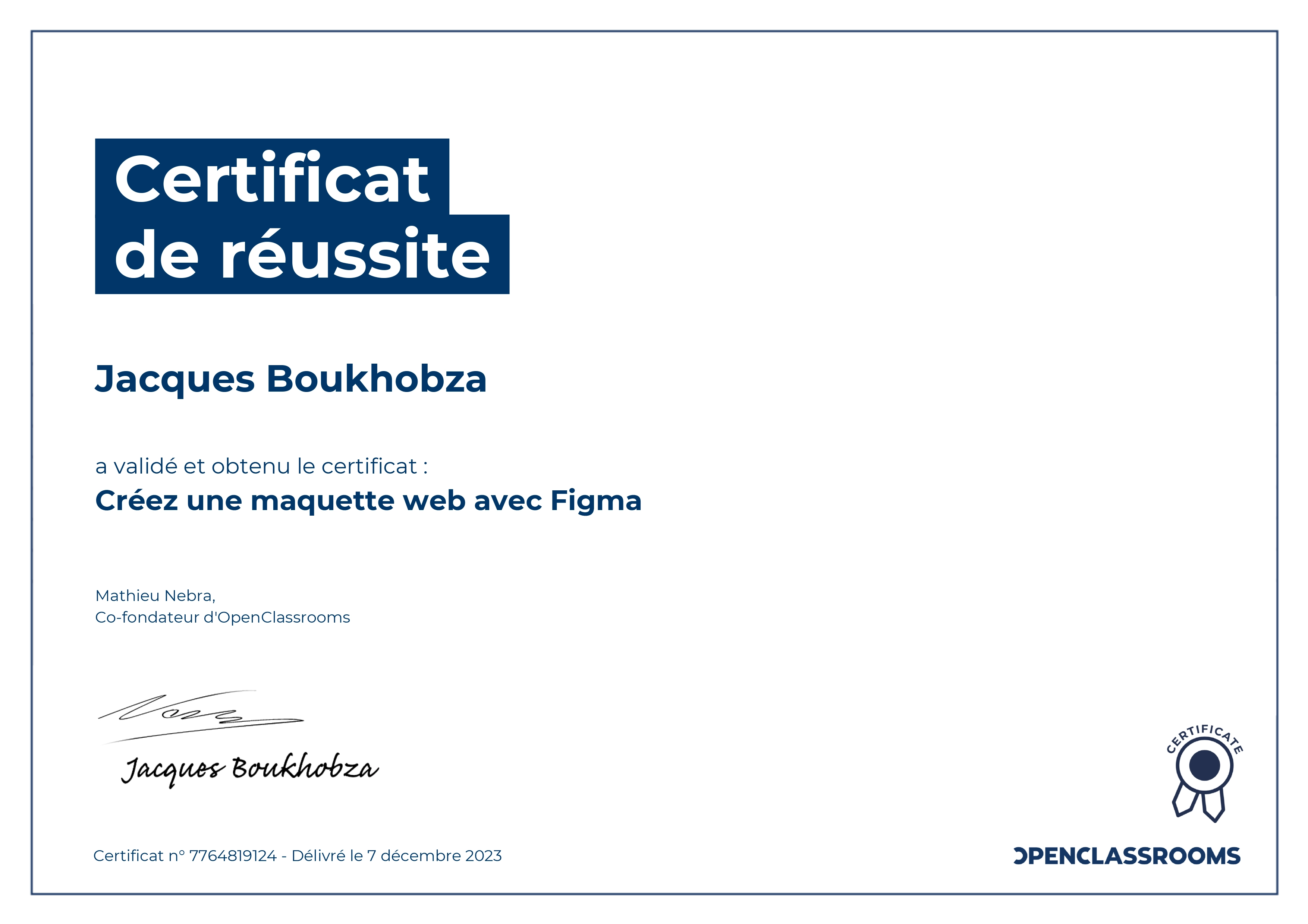 photo du certificat d'OpenClassrooms