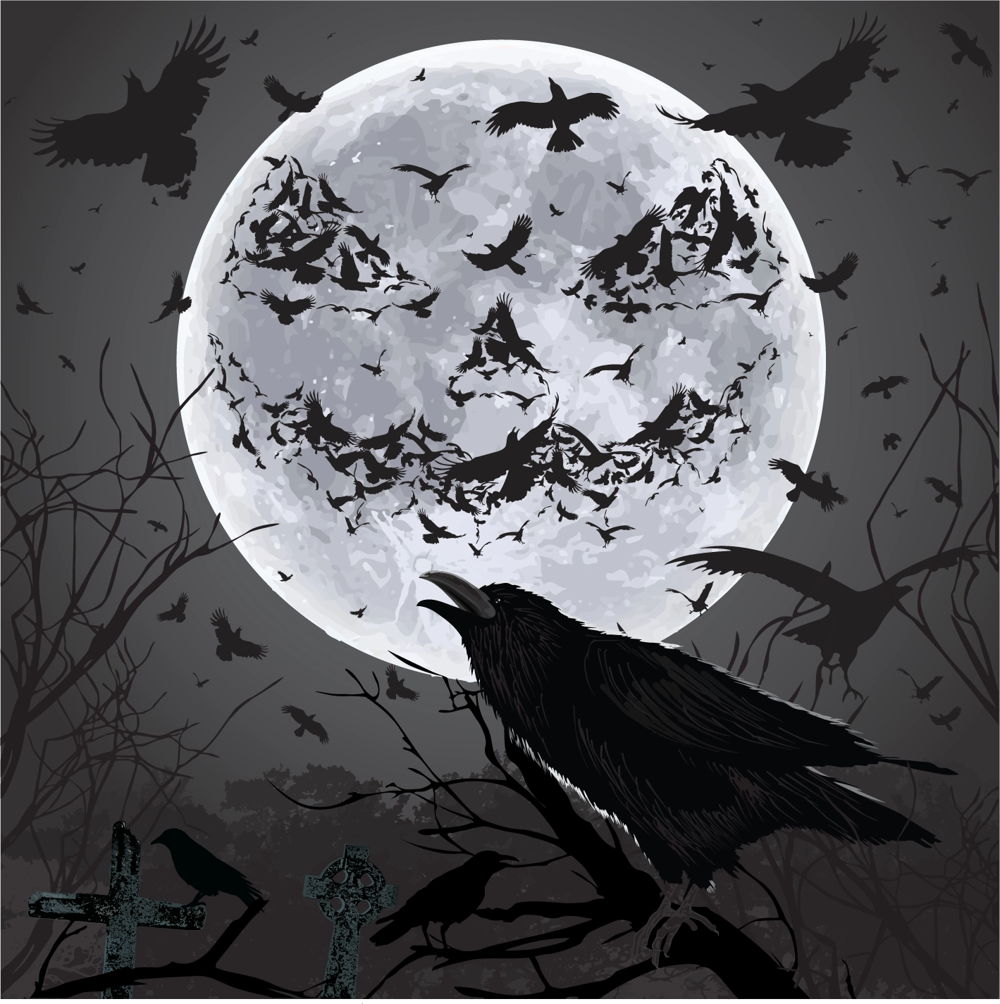 illustration graphique d'halloween avec un corbeau au premier plan