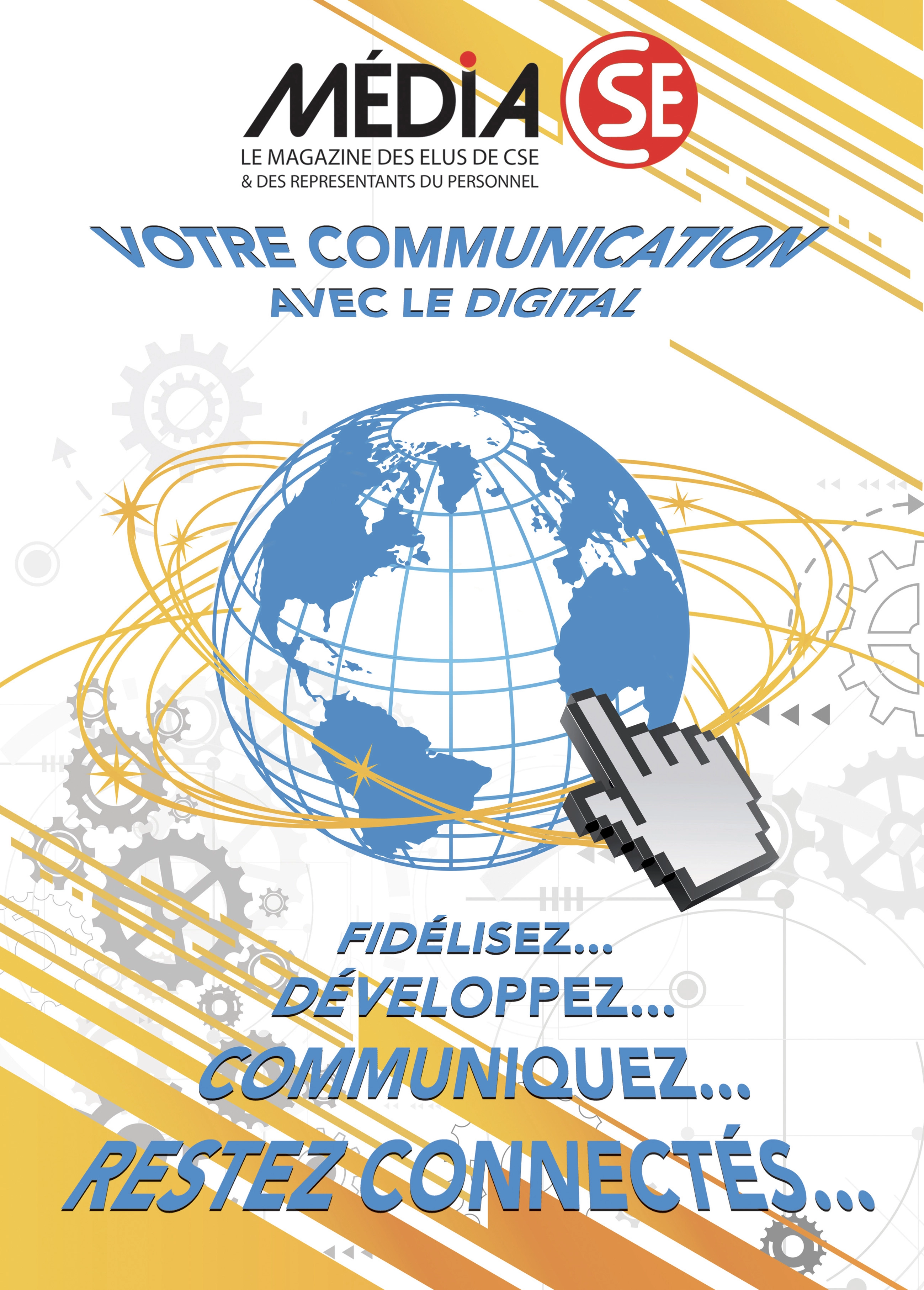 Affiche graphique de Média CSE avec un curseur en main se posant sur le globe